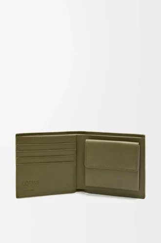 Bifold-myntplånbok i texturerat klassiskt kalvskinn Dark Khaki