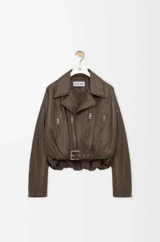 Bikerjacka i nappa-lammskinn Khaki Green