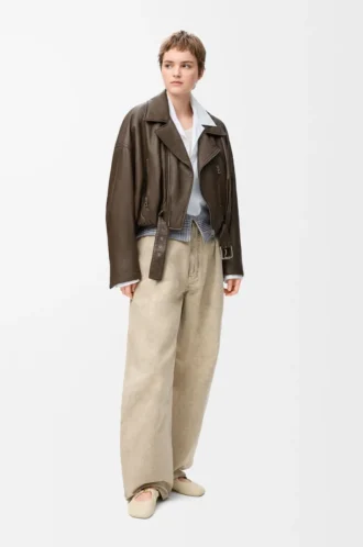 Bikerjacka i nappa-lammskinn Khaki Green