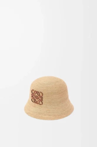 Bucket hat i raffia och kalvskinn Natur