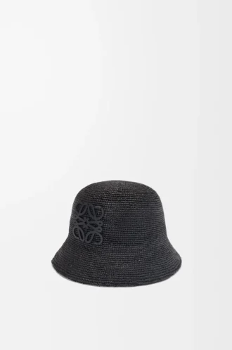 Bucket hat i raffia och kalvskinn Svart