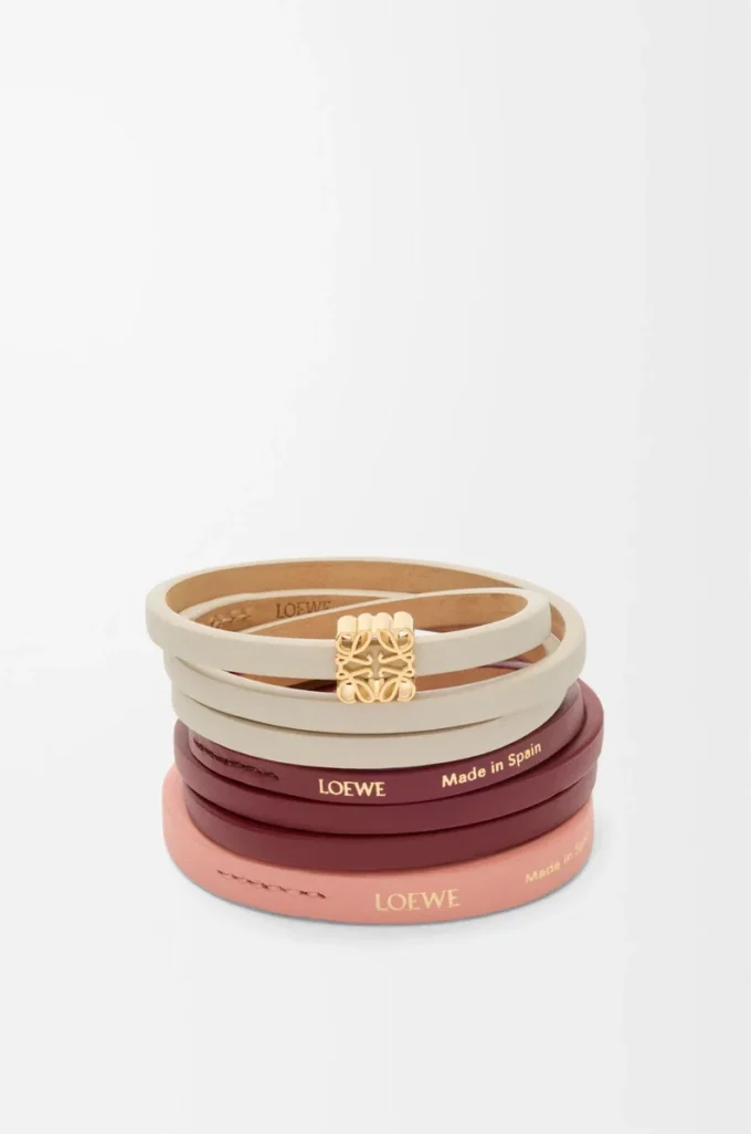 Dubbelt armband i kalvskinn, Light Ghost/Burgundy