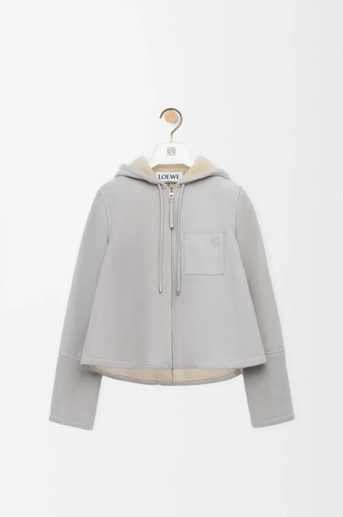 Huvtröja i shearling, ljusgrå melange Huvtröja i shearling, ljusgrå melange