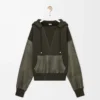 Hybridhoodie i bomull och nappa-lammskinn Khaki Green
