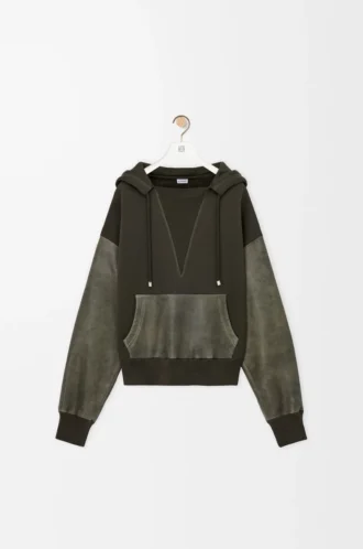 Hybridhoodie i bomull och nappa-lammskinn Khaki Green