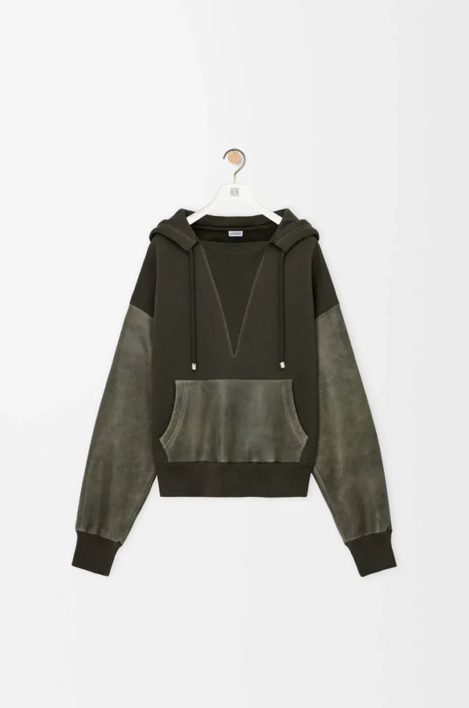 Hybridhoodie i bomull och nappa-lammskinn Khaki Green