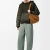 Hybridhoodie i bomull och nappa-lammskinn Khaki Green