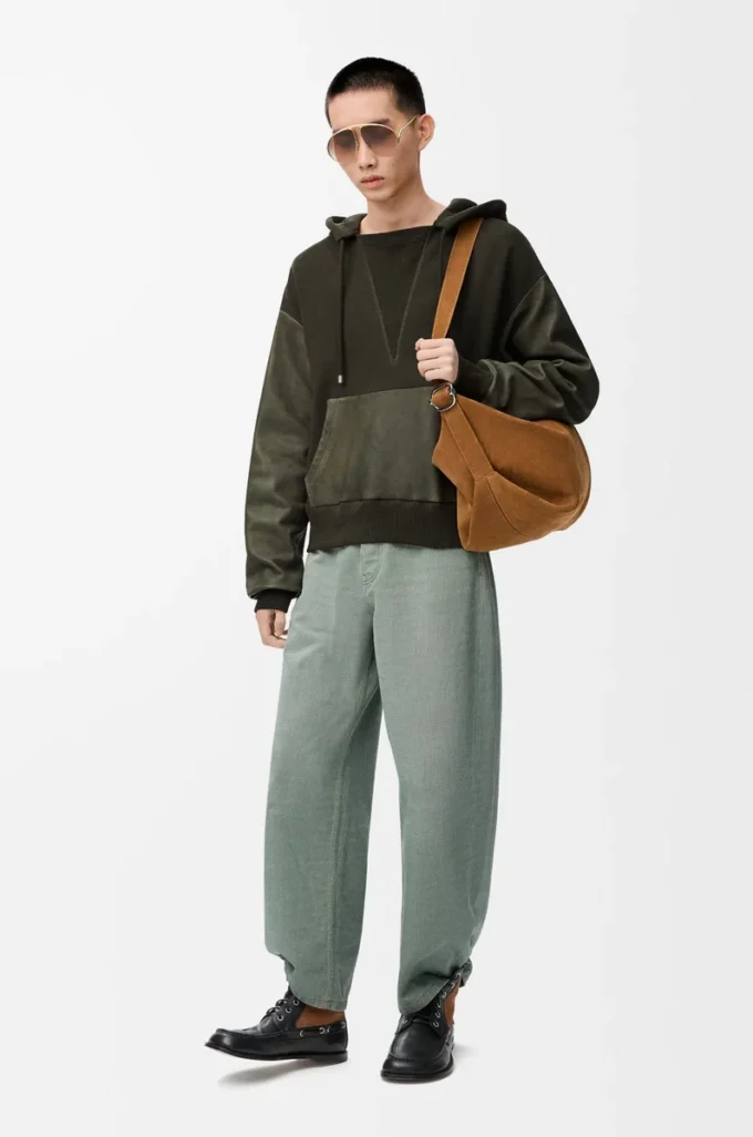 Hybridhoodie i bomull och nappa-lammskinn Khaki Green