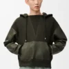 Hybridhoodie i bomull och nappa-lammskinn Khaki Green