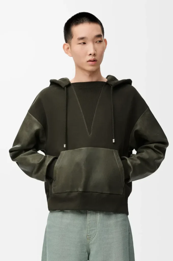 Hybridhoodie i bomull och nappa-lammskinn Khaki Green