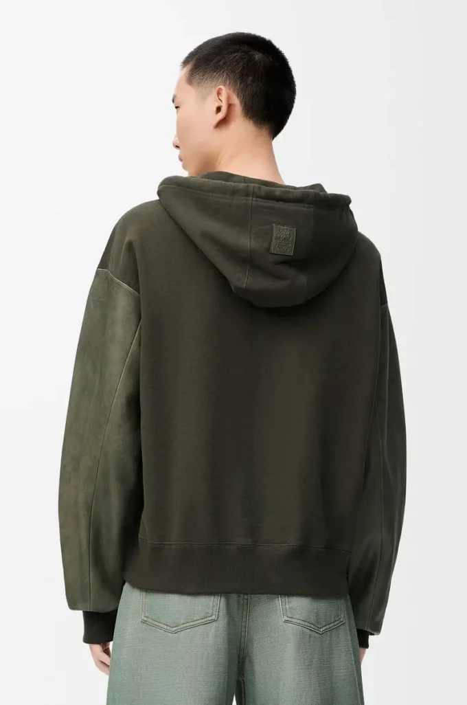 Hybridhoodie i bomull och nappa-lammskinn Khaki Green