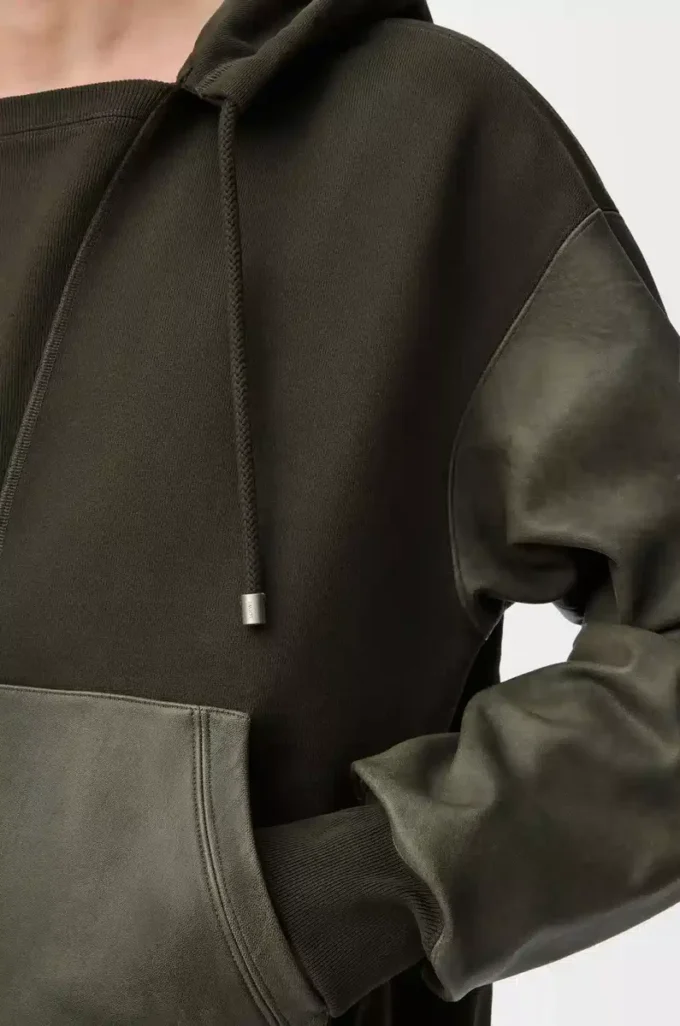 Hybridhoodie i bomull och nappa-lammskinn Khaki Green