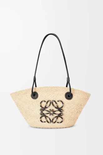 Liten Anagram Basket-väska i iracapalm och kalvskinn Natur/Svart