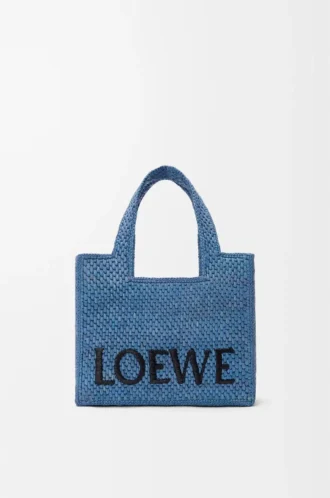 Liten LOEWE Font-väska i raffia Ljusblå