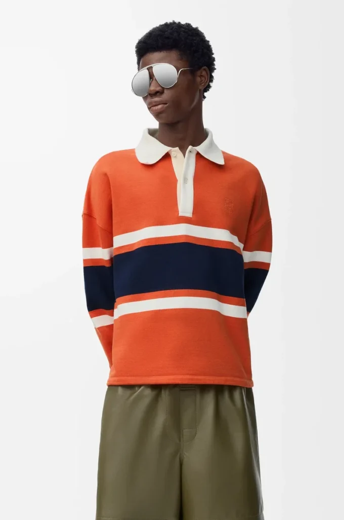 Långärmad polotröja i bomull Orange/Marinblå Långärmad polotröja i bomull Orange/Marinblå