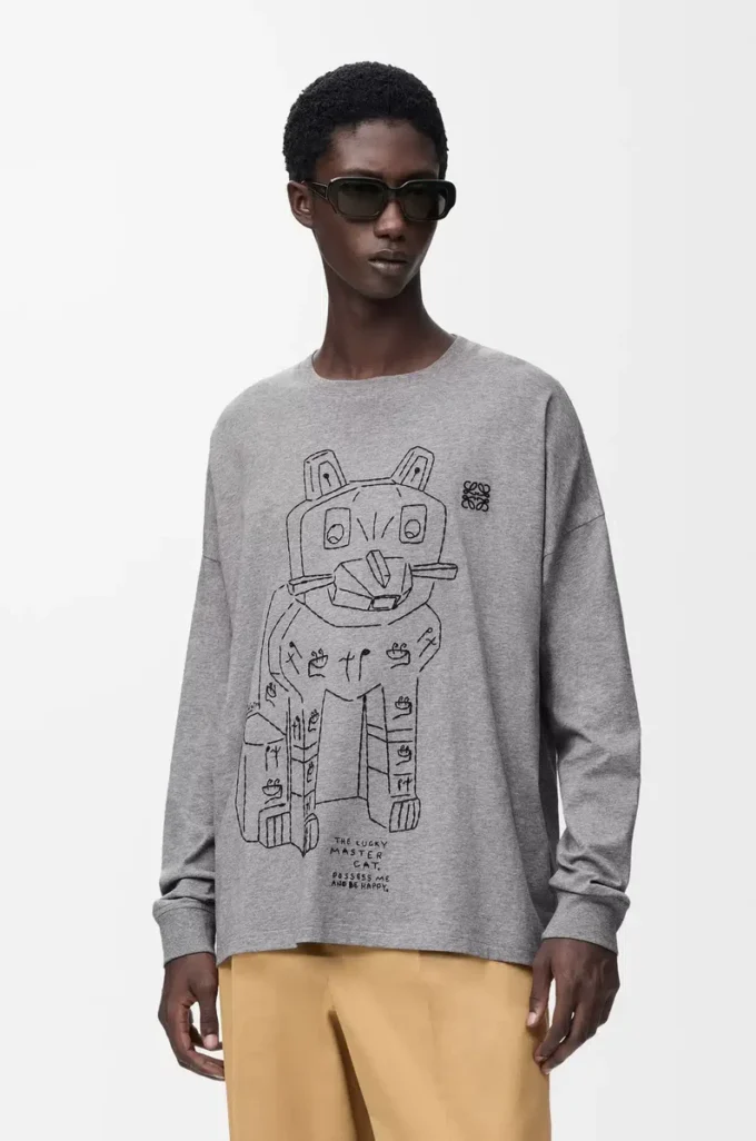 Långärmad T-shirt i bomull, grå melange Långärmad T-shirt i bomull, grå melange