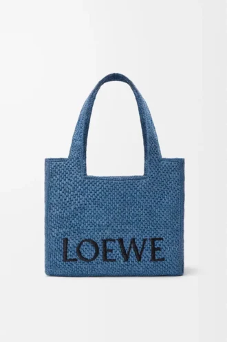 Medium LOEWE Font-väska i raffia Ljusblå