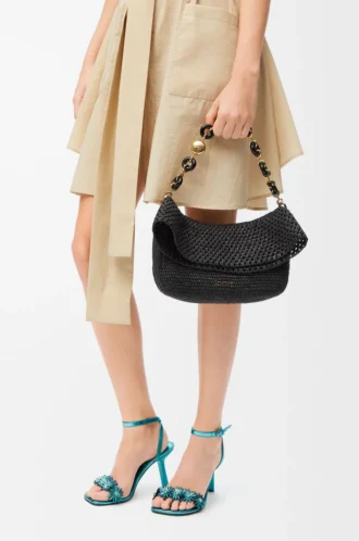 Medium Ola-väska i raffia och kalvskinn Svart