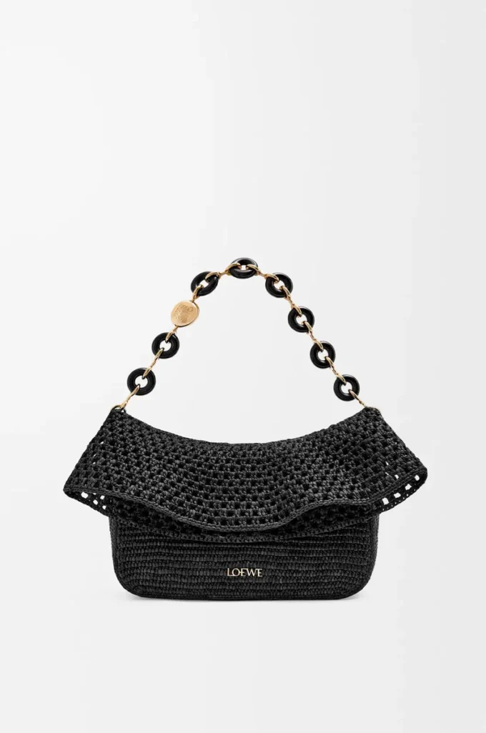 Medium Ola-väska i raffia och kalvskinn Svart
