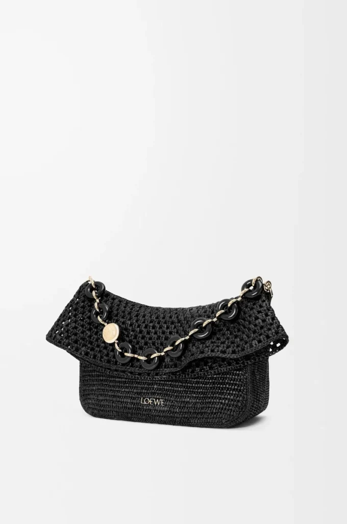 Medium Ola-väska i raffia och kalvskinn Svart