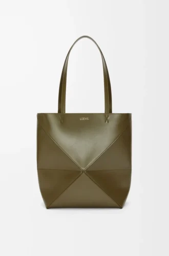 Medium Puzzle Fold-väska i glänsande kalvskinn Dark Khaki