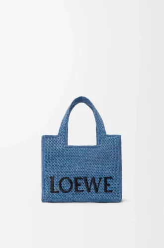Mini LOEWE Font-väska i raffia Ljusblå