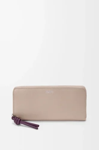 Plånbok med dragkedja och knut i glänsande nappa kalvskinn Clay/Plum