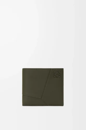 Puzzle bifold myntplånbok i klassiskt kalvskinn Dark Khaki