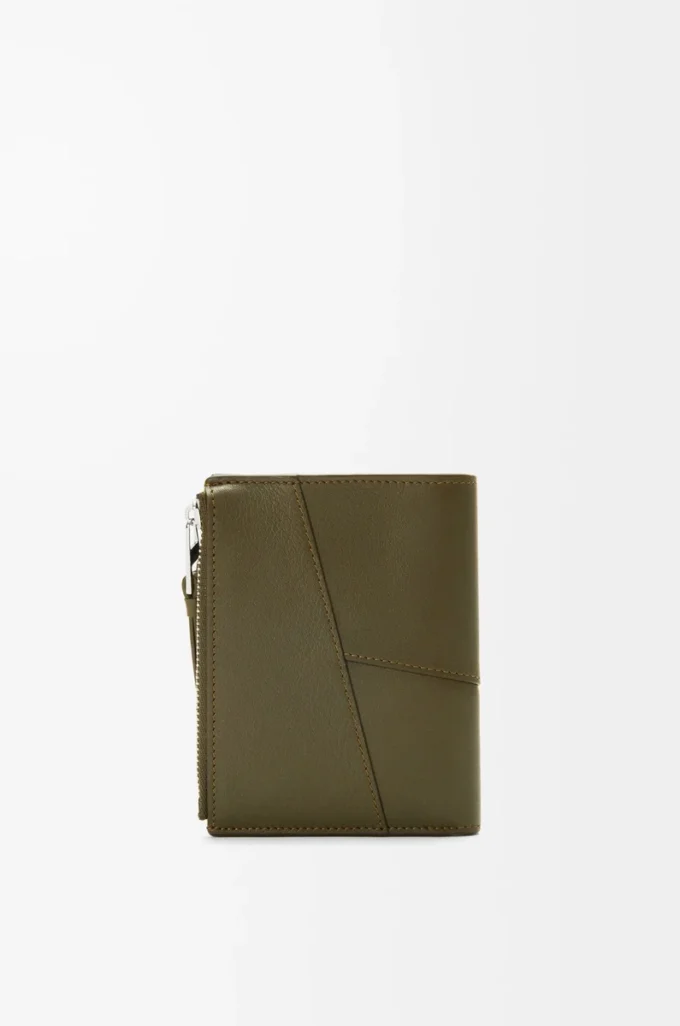 Puzzle smal kompakt plånbok i klassiskt kalvskinn Mörk khaki