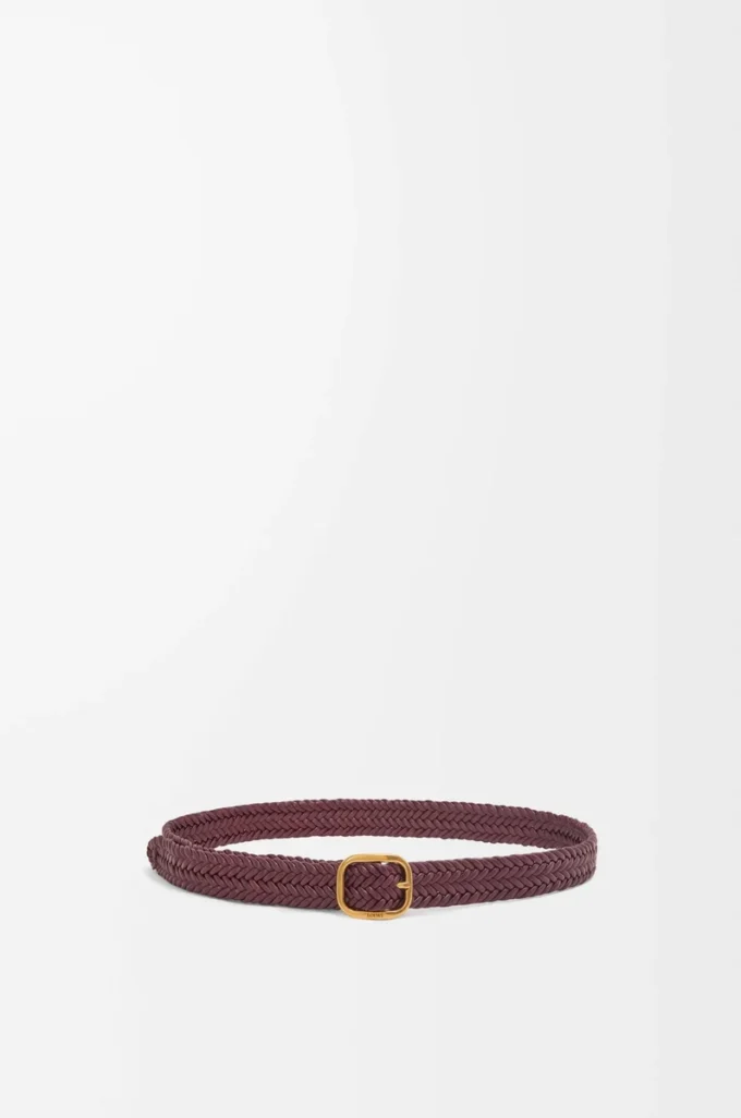 Rundat mjukt vävt bälte i kalvskinn Burgundy/Gold