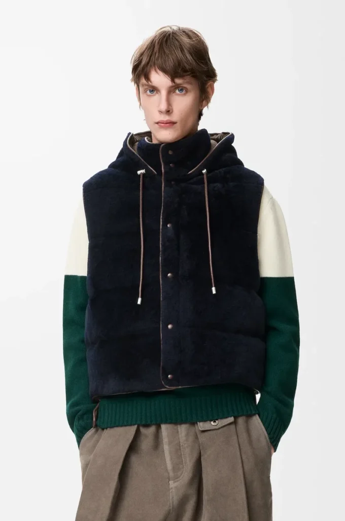 Vadderad väst i shearling Brun/Marinblå