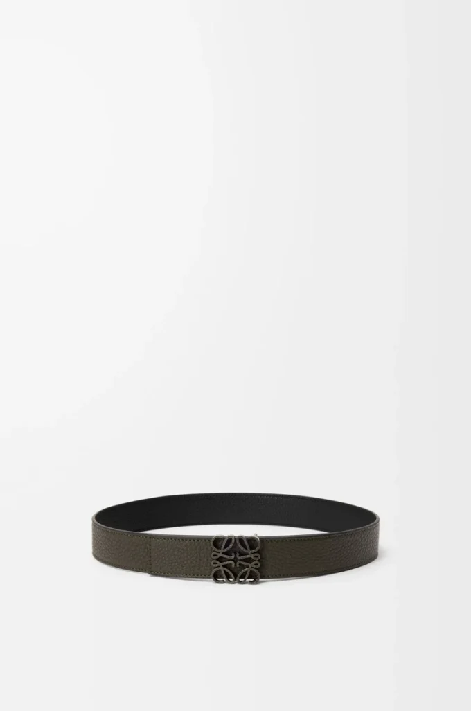 Vändbart Anagram-bälte i mjukt kornat kalvskinn Dark Khaki/Black/Dark Pal