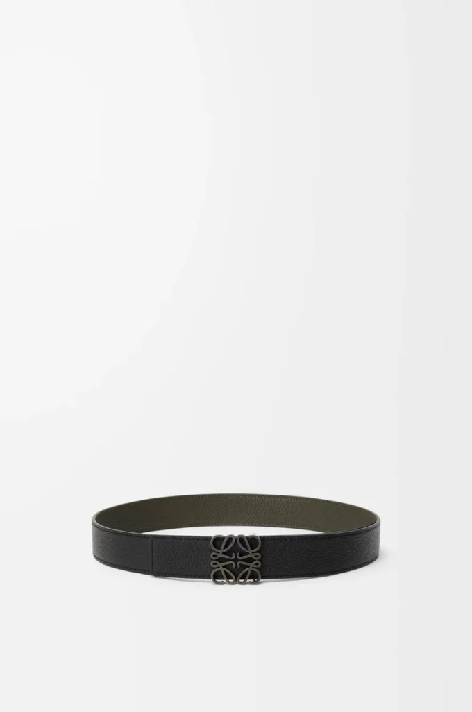 Vändbart Anagram-bälte i mjukt kornat kalvskinn Dark Khaki/Black/Dark Pal
