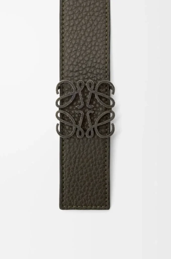Vändbart Anagram-bälte i mjukt kornat kalvskinn Dark Khaki/Black/Dark Pal