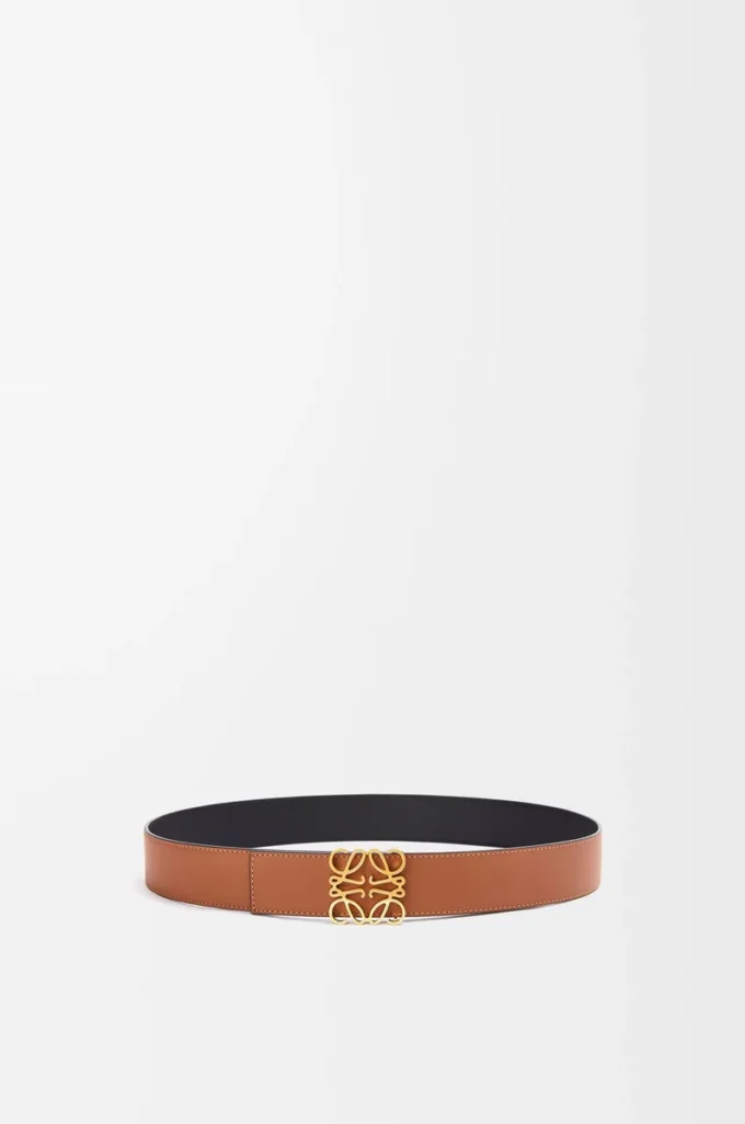 Vändbart Anagram-bälte i slätt kalvskinn Tan/Black/Gold