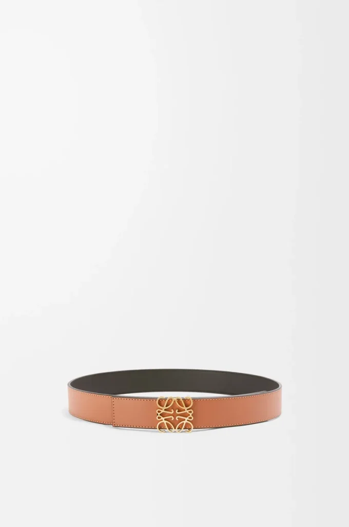 Vändbart Anagram-bälte i slätt kalvskinn Tan/Black/Gold