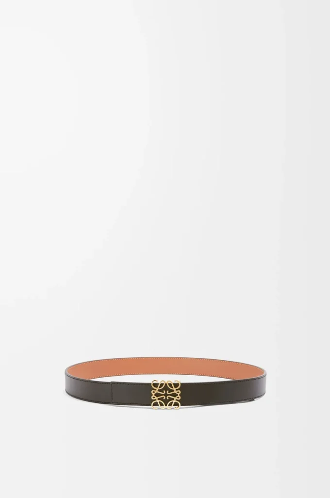 Vändbart Anagram-bälte i slätt kalvskinn Tan/Black/Gold Vändbart Anagram-bälte i slätt kalvskinn Tan/Black/Gold