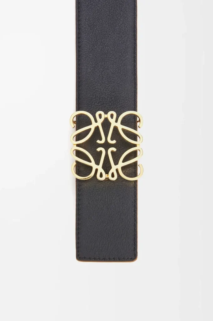 Vändbart Anagram-bälte i slätt kalvskinn Tan/Black/Gold