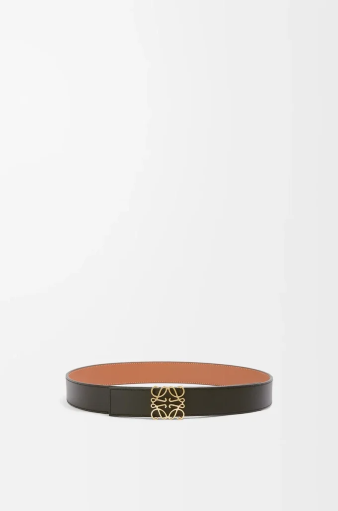 Vändbart Anagram-bälte i slätt kalvskinn Tan/Black/Gold