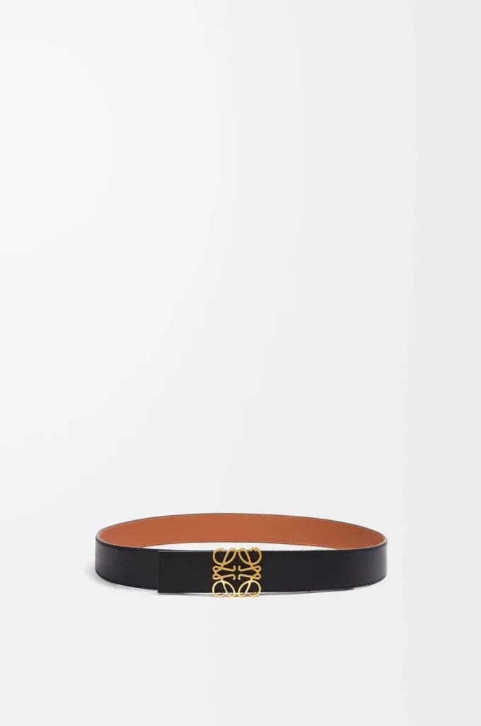Vändbart Anagram-bälte i slätt kalvskinn Tan/Black/Gold
