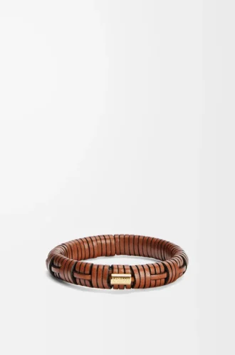 Vävd armring i mässing och klassiskt kalvskinn Tan