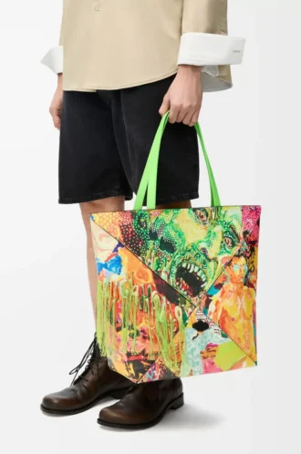 XL Puzzle Fold-väska i klassiskt kalvskinn Vivid Green/Multicolor