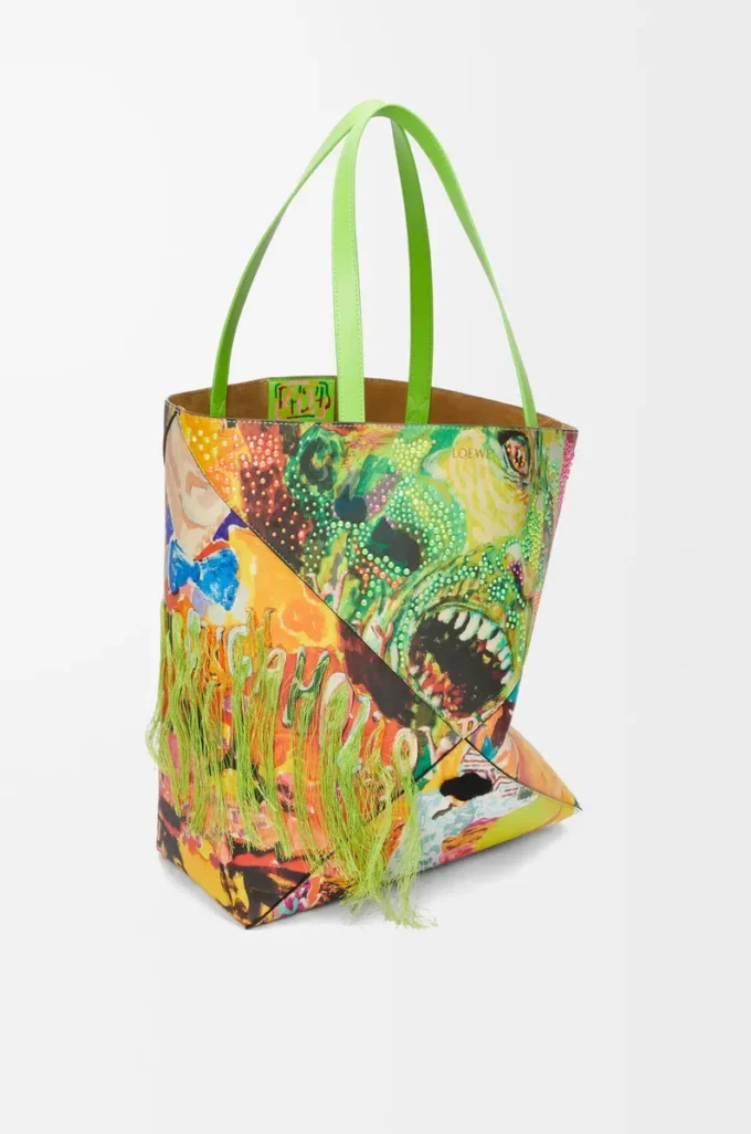 XL Puzzle Fold-väska i klassiskt kalvskinn Vivid Green/Multicolor