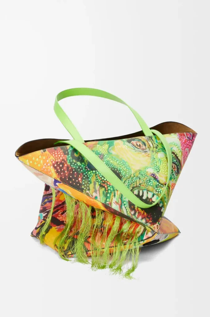 XL Puzzle Fold-väska i klassiskt kalvskinn Vivid Green/Multicolor